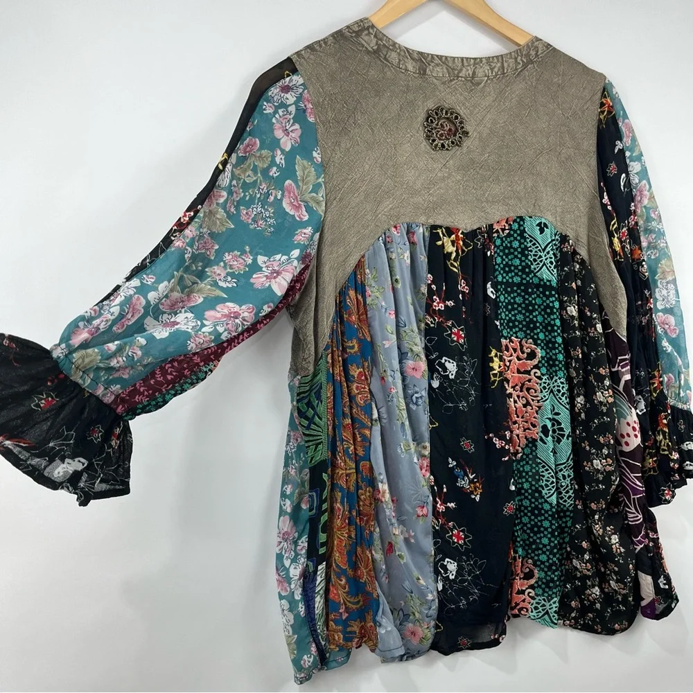 Boho Patchwork Button Down Blouse M | Embroidered Flowy Layering Top - Picture 7 of 11